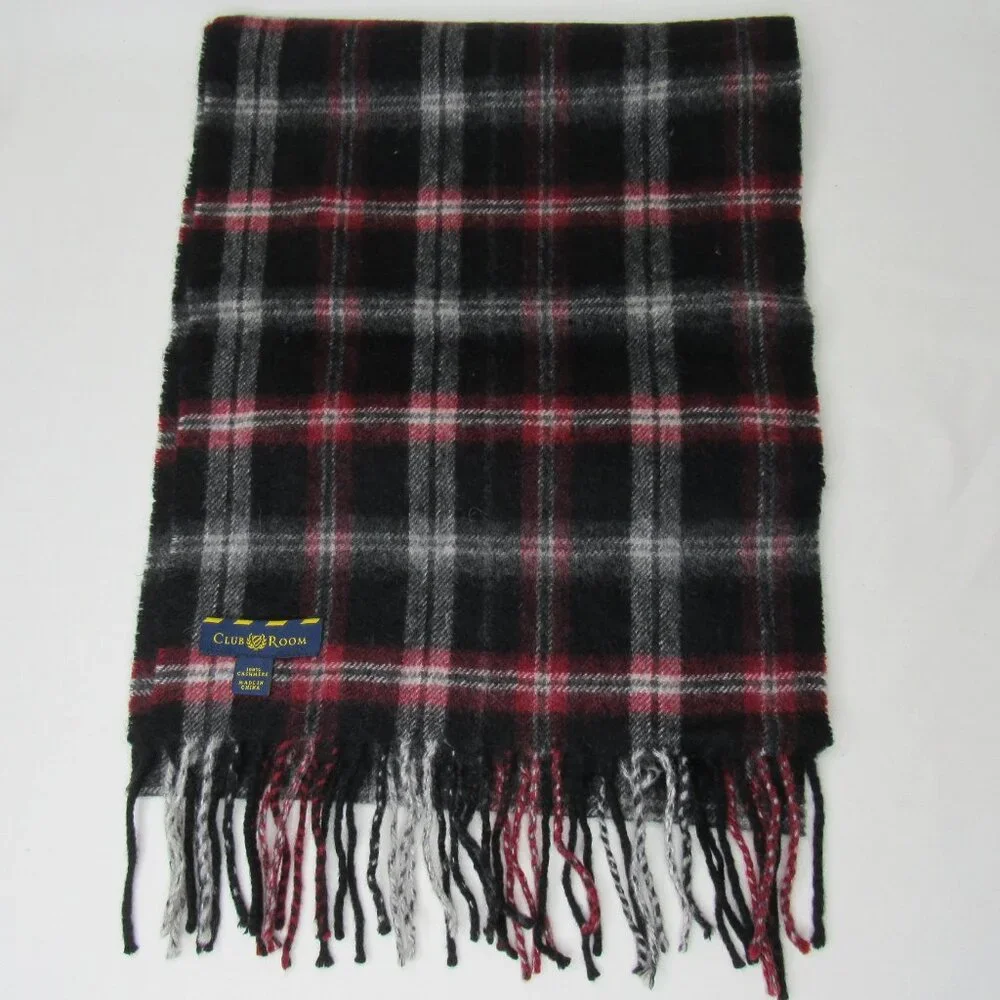 Club Room Black Red Check 100% Cashmere Scarf Fringe End